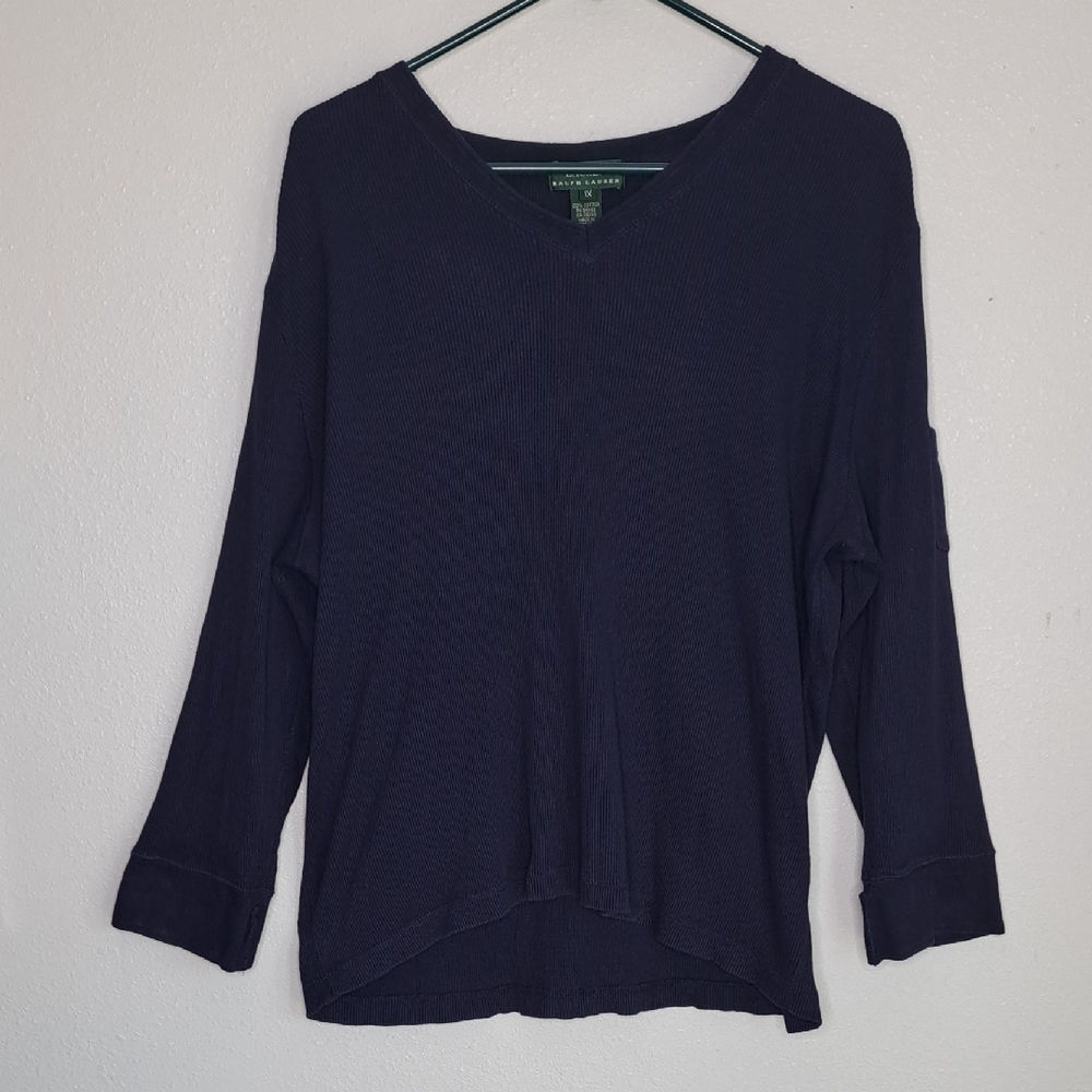 VGT Lauren Ralph Lauren Sweatshirt Womens 1X Long Slveeve Pullover V-Neck Navy